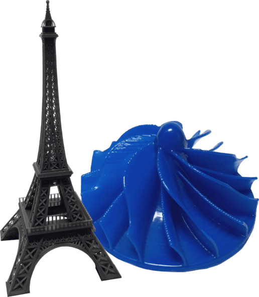 Dos piezas impresas en 3D mediante tecnologías SLA y FFF, respectivamente, del servicio de impresión 3D de Snatek.