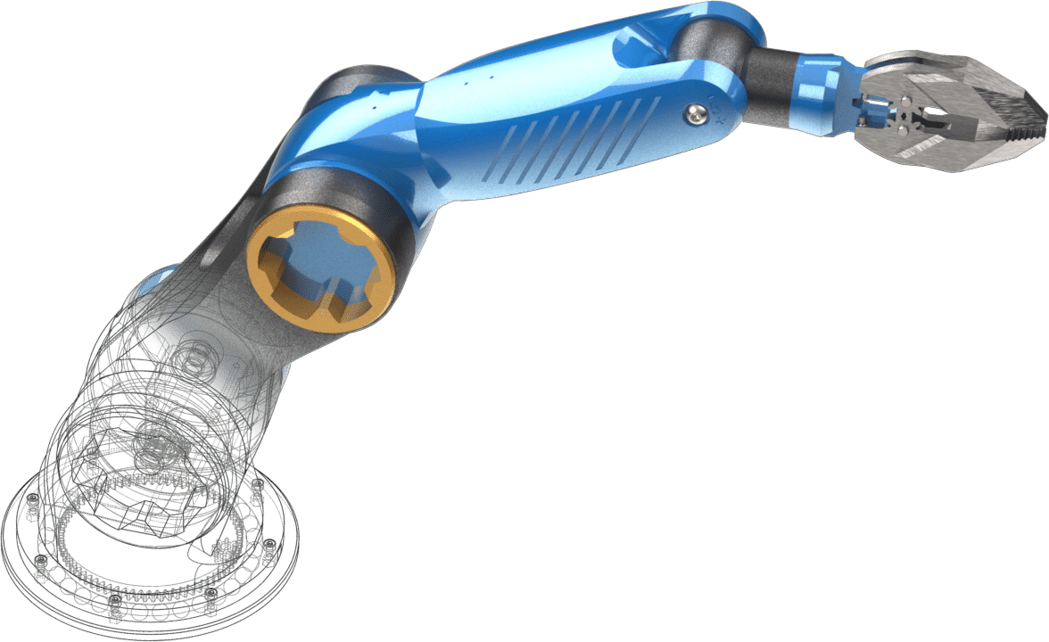 Representación 3D del diseño de un brazo robótico (la parte superior está renderizada mediante el servicio de renderizado 3D de Snatek)